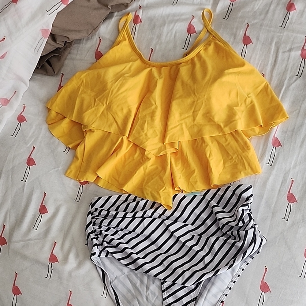 Yellow Ruffled Bikini Top with Striped Bottom
